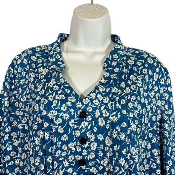 Hocosit Size XL Blouse Pleated Button Front Floral Print Short Ruffle Sleeve - Picture 8 of 9